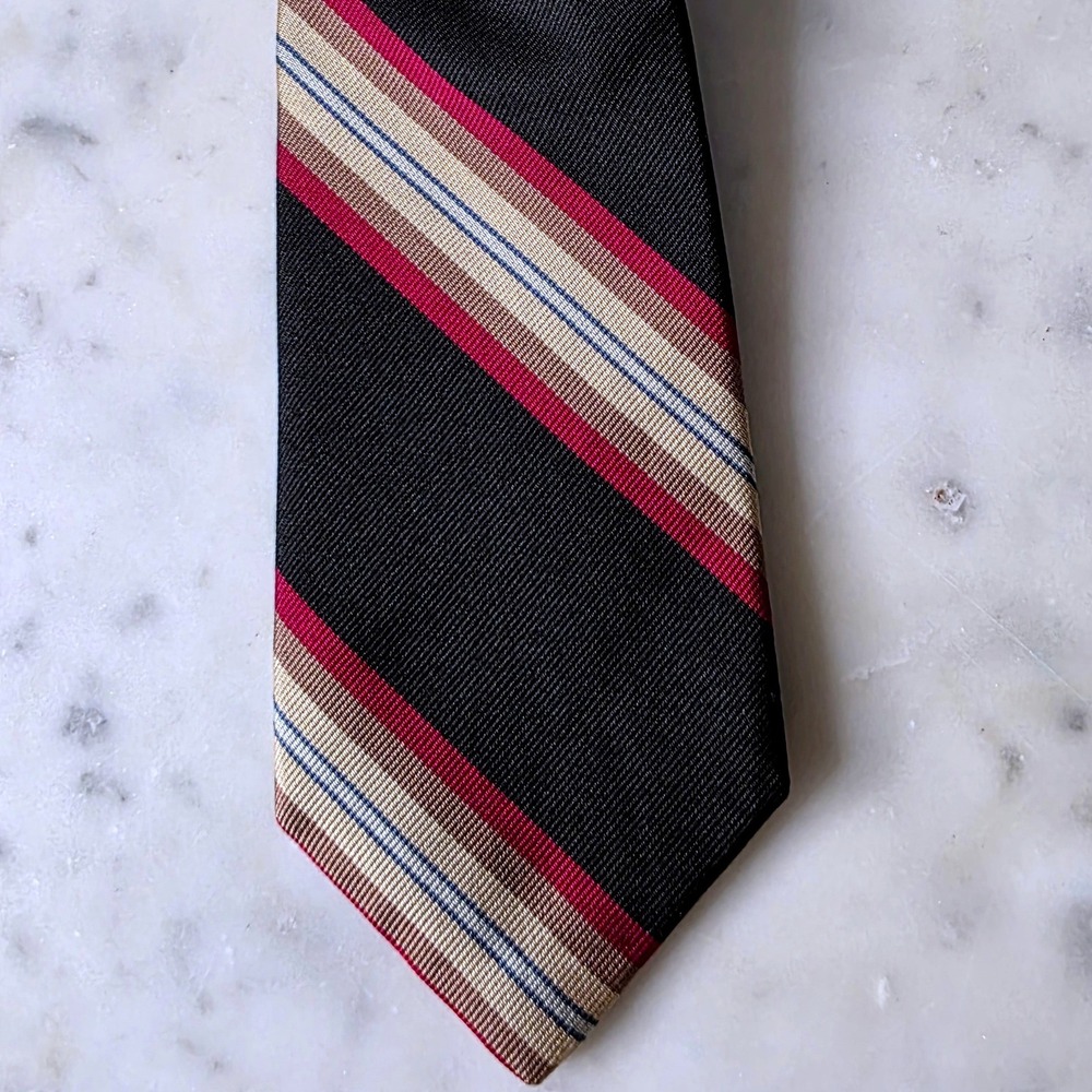 Lands End Mens Silk Necktie Black Red Tan Striped Hand Sewn USA